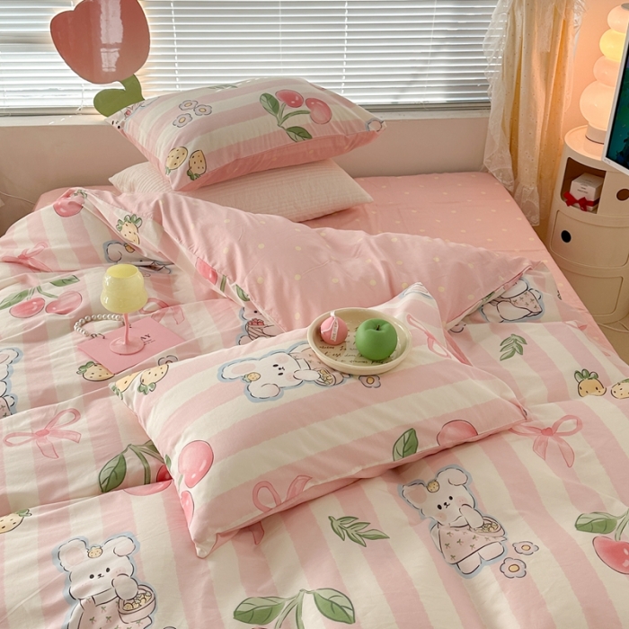 91家纺网 家纺一手货源 找家纺 昔可 2023新款全棉少女心系列四件套 粉条樱桃兔