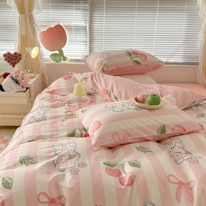 91家纺网 家纺一手货源 找家纺 昔可 2023新款全棉少女心系列四件套 粉条樱桃兔