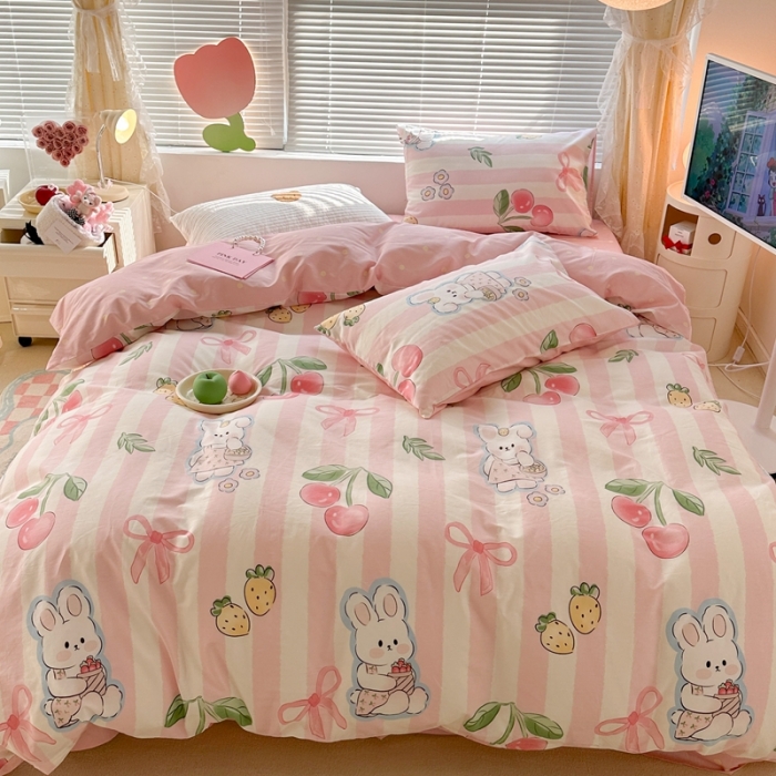 91家纺网 家纺一手货源 找家纺 昔可 2023新款全棉少女心系列四件套 粉条樱桃兔