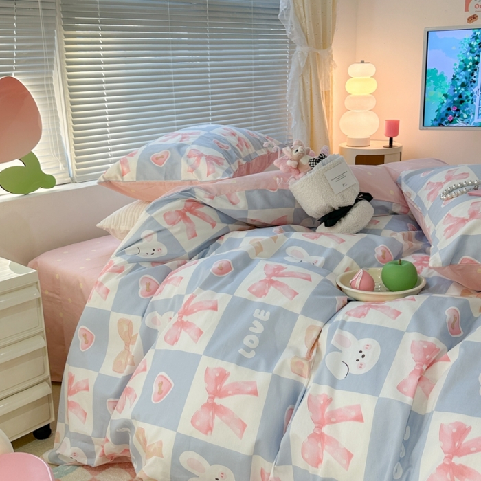 91家纺网 家纺一手货源 找家纺 昔可 2023新款全棉少女心系列四件套 蝴蝶结小兔