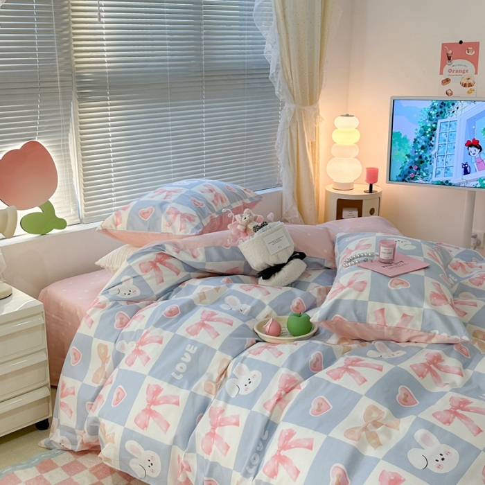 91家纺网 家纺一手货源 找家纺 昔可 2023新款全棉少女心系列四件套 蝴蝶结小兔