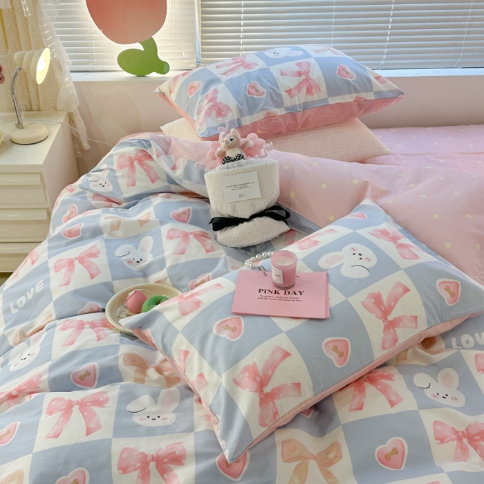 91家纺网 家纺一手货源 找家纺 昔可 2023新款全棉少女心系列四件套 蝴蝶结小兔