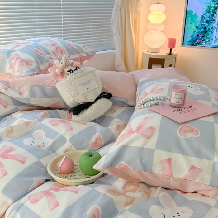 91家纺网 家纺一手货源 找家纺 昔可 2023新款全棉少女心系列四件套 蝴蝶结小兔