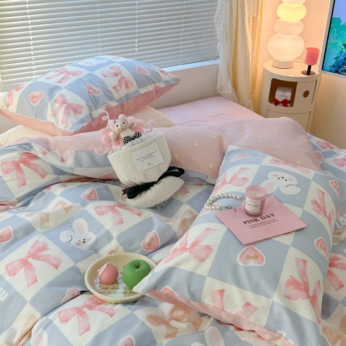 91家纺网 家纺一手货源 找家纺 昔可 2023新款全棉少女心系列四件套 蝴蝶结小兔