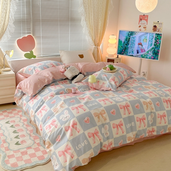 91家纺网 家纺一手货源 找家纺 昔可 2023新款全棉少女心系列四件套 蝴蝶结小兔