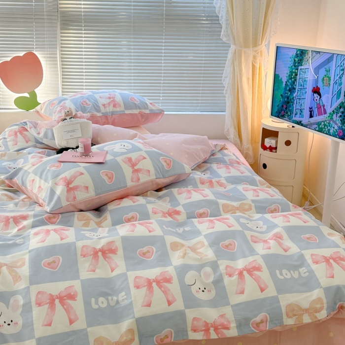 91家纺网 家纺一手货源 找家纺 昔可 2023新款全棉少女心系列四件套 蝴蝶结小兔