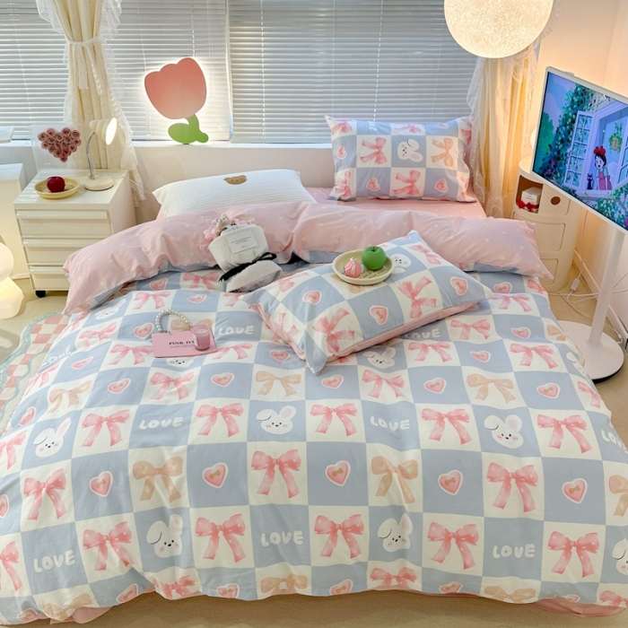 91家纺网 家纺一手货源 找家纺 昔可 2023新款全棉少女心系列四件套 蝴蝶结小兔