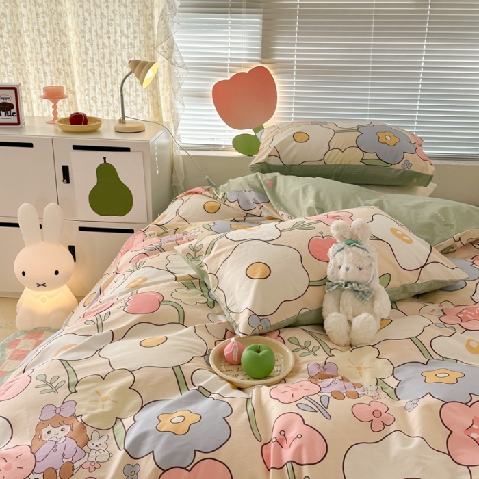 91家纺网 家纺一手货源 找家纺 昔可 2023新款全棉少女心系列四件套 花丛女孩