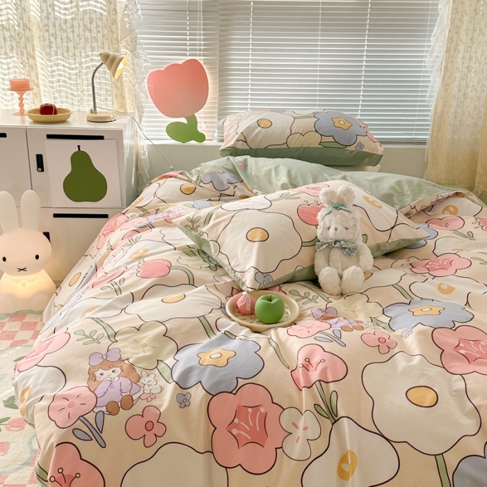 91家纺网 家纺一手货源 找家纺 昔可 2023新款全棉少女心系列四件套 花丛女孩