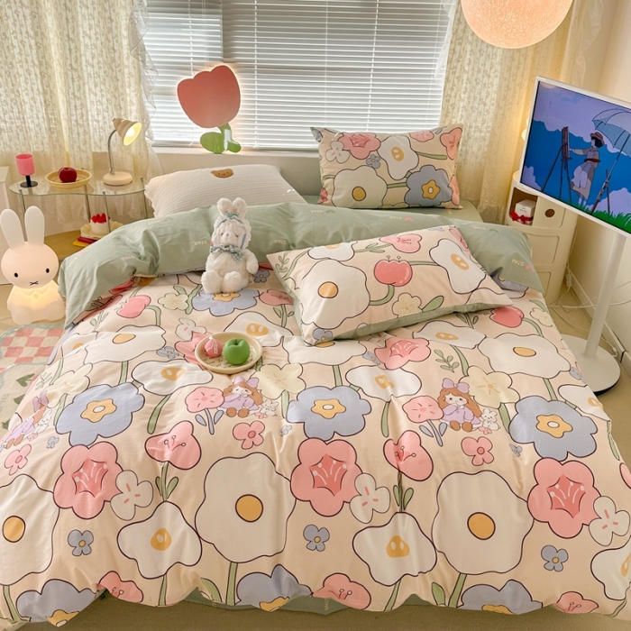 91家纺网 家纺一手货源 找家纺 昔可 2023新款全棉少女心系列四件套 花丛女孩