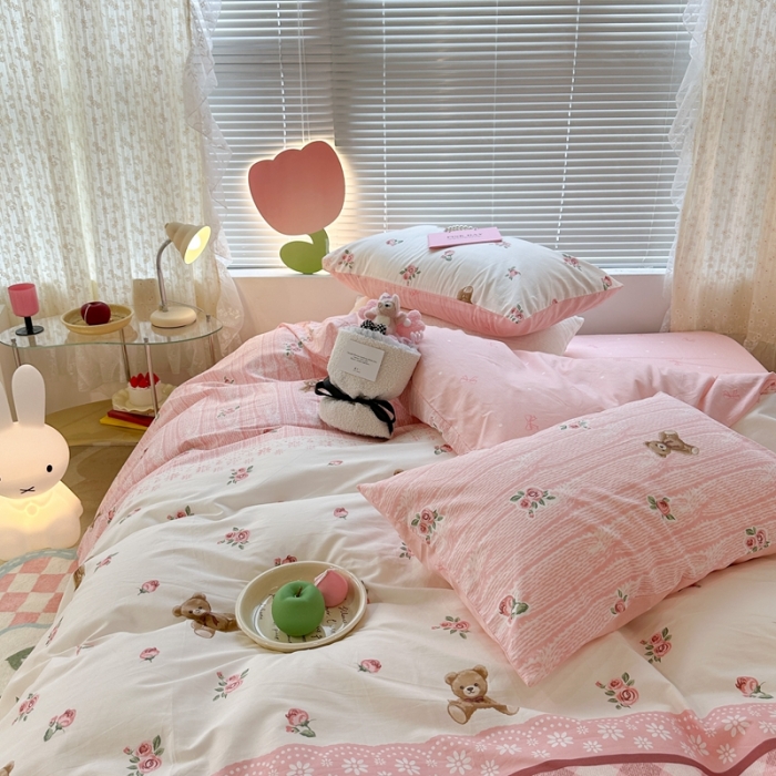 91家纺网 家纺一手货源 找家纺 昔可 2023新款全棉少女心系列四件套 玫瑰小熊