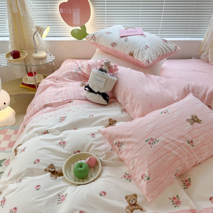 91家纺网 家纺一手货源 找家纺 昔可 2023新款全棉少女心系列四件套 玫瑰小熊