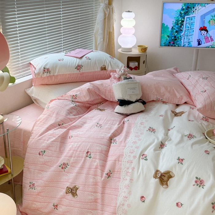 91家纺网 家纺一手货源 找家纺 昔可 2023新款全棉少女心系列四件套 玫瑰小熊