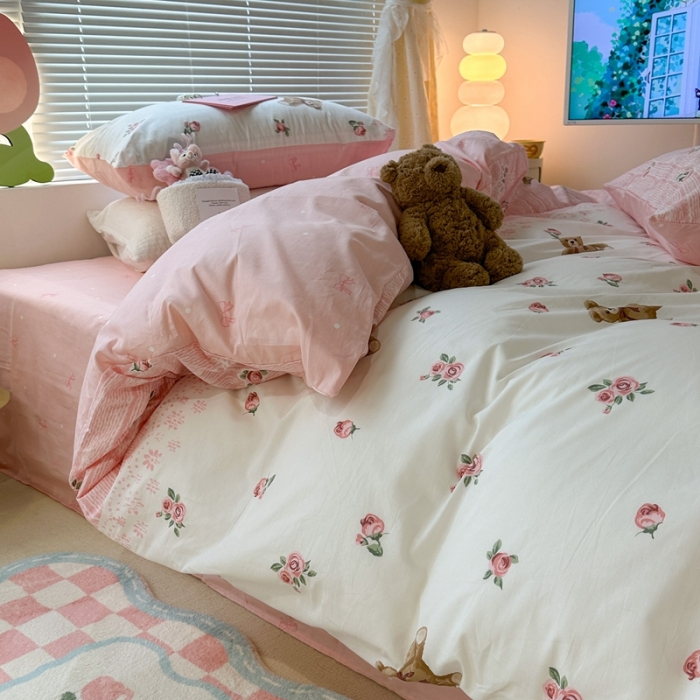 91家纺网 家纺一手货源 找家纺 昔可 2023新款全棉少女心系列四件套 玫瑰小熊