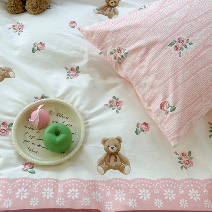 91家纺网 家纺一手货源 找家纺 昔可 2023新款全棉少女心系列四件套 玫瑰小熊