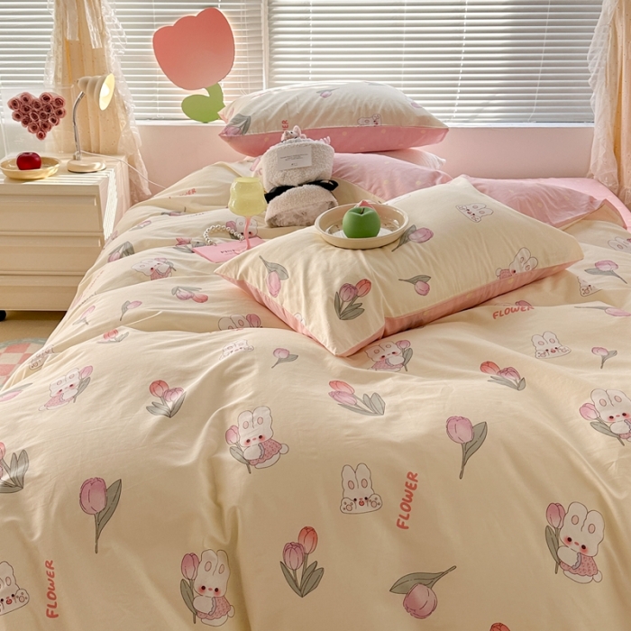 91家纺网 家纺一手货源 找家纺 昔可 2023新款全棉少女心系列四件套 软萌兔兔郁金