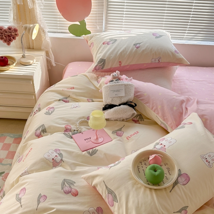 91家纺网 家纺一手货源 找家纺 昔可 2023新款全棉少女心系列四件套 软萌兔兔郁金