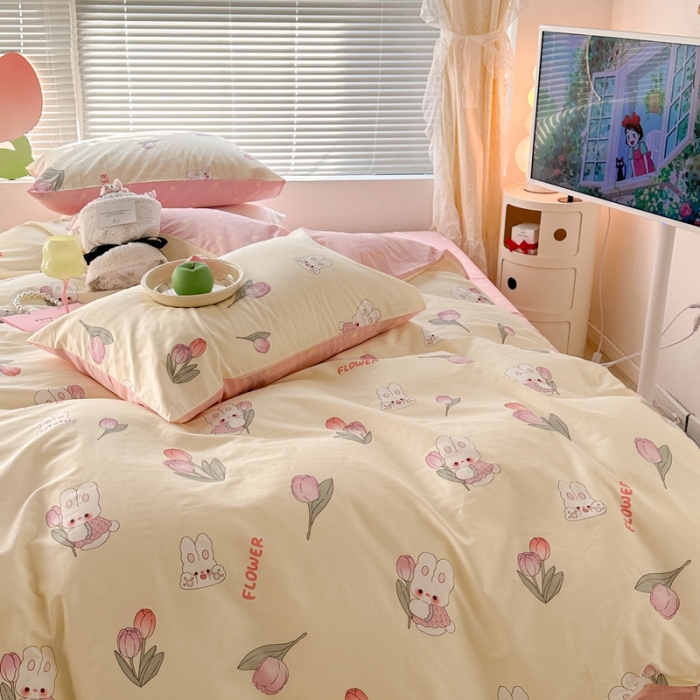 91家纺网 家纺一手货源 找家纺 昔可 2023新款全棉少女心系列四件套 软萌兔兔郁金