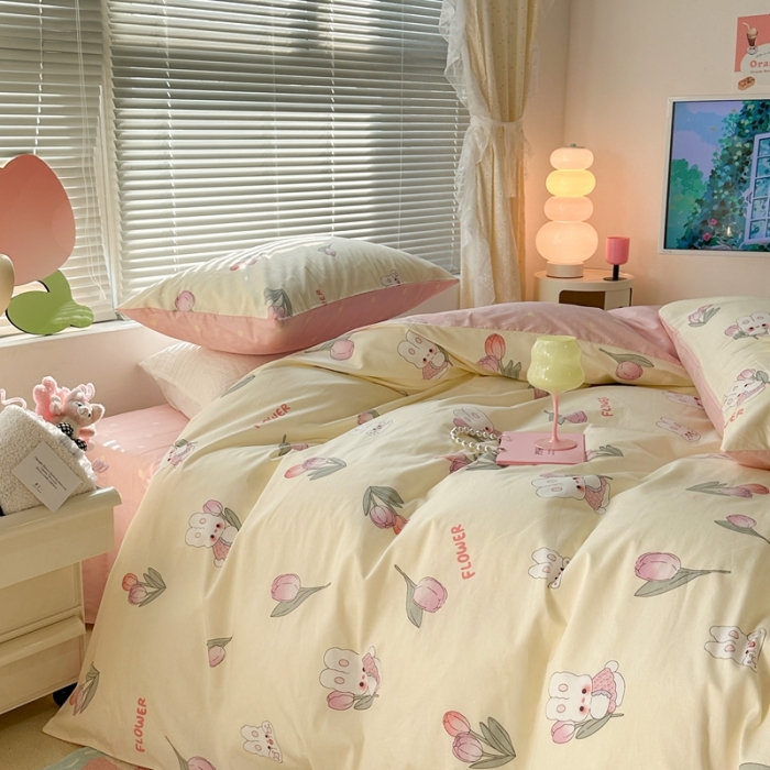 91家纺网 家纺一手货源 找家纺 昔可 2023新款全棉少女心系列四件套 软萌兔兔郁金