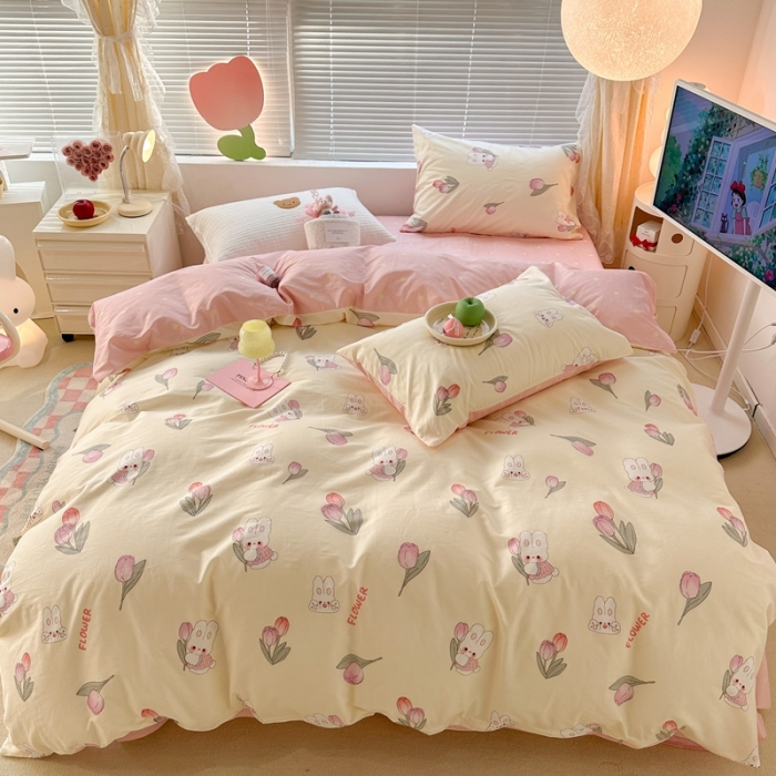 91家纺网 家纺一手货源 找家纺 昔可 2023新款全棉少女心系列四件套 软萌兔兔郁金