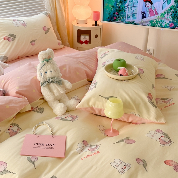 91家纺网 家纺一手货源 找家纺 昔可 2023新款全棉少女心系列四件套 软萌兔兔郁金