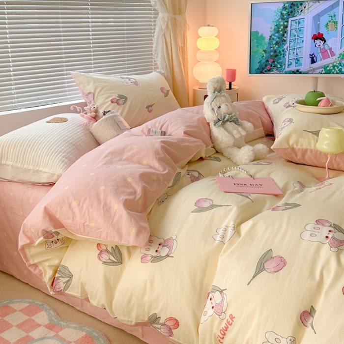 91家纺网 家纺一手货源 找家纺 昔可 2023新款全棉少女心系列四件套 软萌兔兔郁金