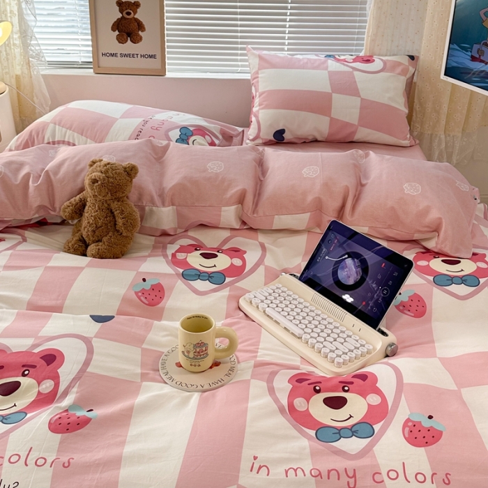 91家纺网 家纺一手货源 找家纺 昔可 2023新款全棉四件套 方块粉熊