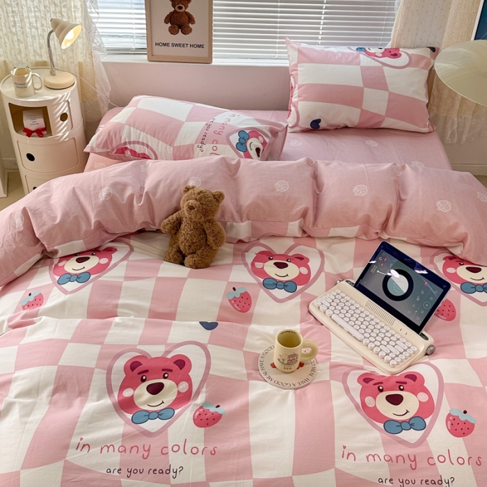 91家纺网 家纺一手货源 找家纺 昔可 2023新款全棉四件套 方块粉熊