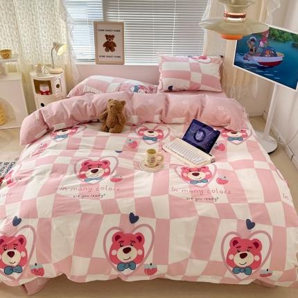 昔可 2023新款全棉四件套 方块粉熊