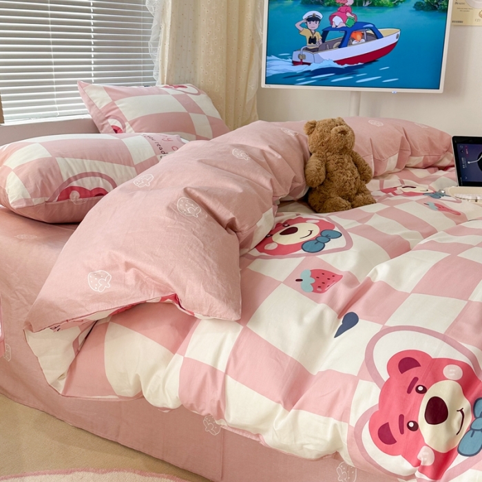 91家纺网 家纺一手货源 找家纺 昔可 2023新款全棉四件套 方块粉熊