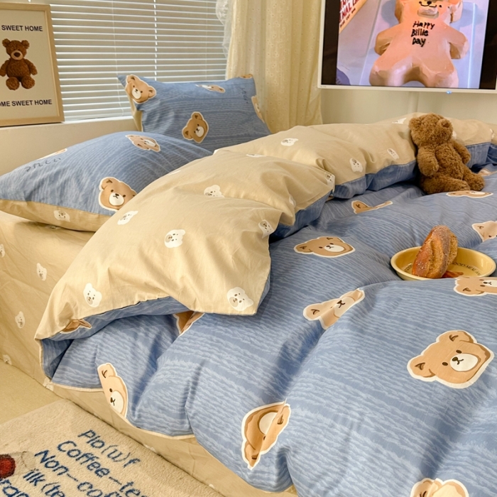 91家纺网 家纺一手货源 找家纺 昔可 2023新款全棉四件套 毛衣小熊 蓝