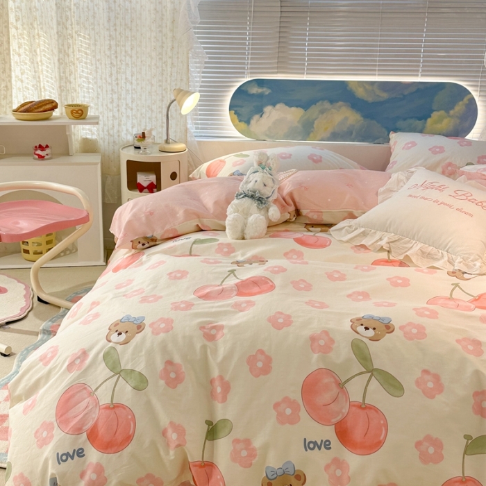 91家纺网 家纺一手货源 找家纺 昔可 2023新款全棉四件套 奶油樱桃熊