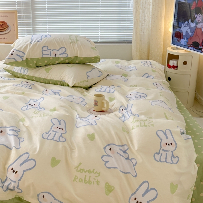 91家纺网 家纺一手货源 找家纺 昔可 2023新款全棉二次元卡通系列四件套 爱心兔黄底