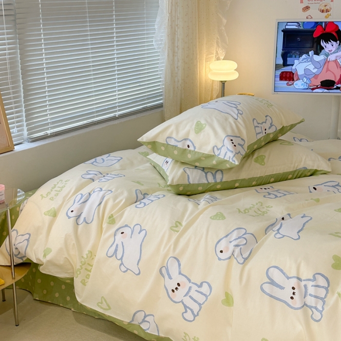 91家纺网 家纺一手货源 找家纺 昔可 2023新款全棉二次元卡通系列四件套 爱心兔黄底