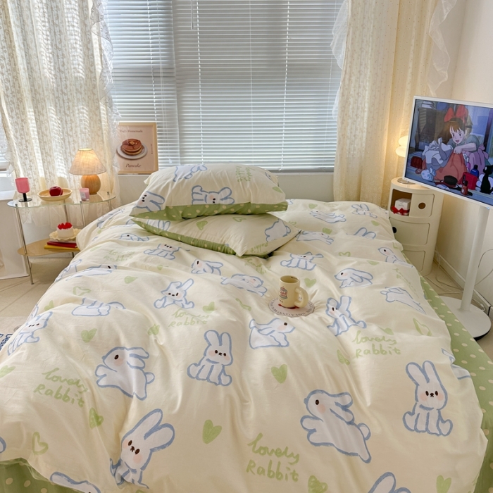 91家纺网 家纺一手货源 找家纺 昔可 2023新款全棉二次元卡通系列四件套 爱心兔黄底