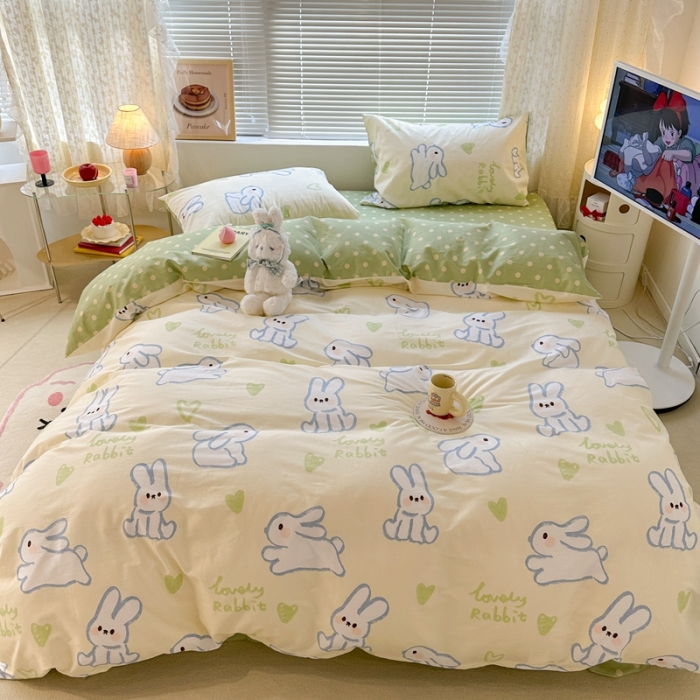 91家纺网 家纺一手货源 找家纺 昔可 2023新款全棉二次元卡通系列四件套 爱心兔黄底