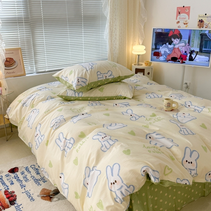 91家纺网 家纺一手货源 找家纺 昔可 2023新款全棉二次元卡通系列四件套 爱心兔黄底