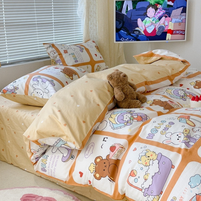 91家纺网 家纺一手货源 找家纺 昔可 2023新款全棉二次元卡通系列四件套 拼接女孩和熊