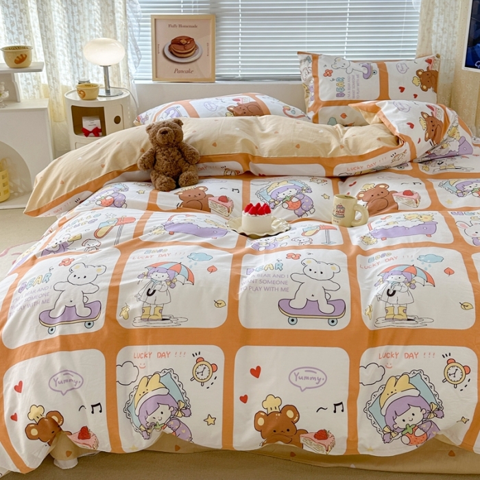 91家纺网 家纺一手货源 找家纺 昔可 2023新款全棉二次元卡通系列四件套 拼接女孩和熊