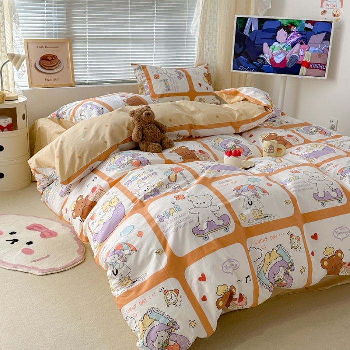 91家纺网 家纺一手货源 找家纺 昔可 2023新款全棉二次元卡通系列四件套 拼接女孩和熊