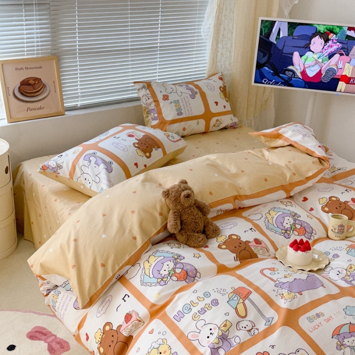 91家纺网 家纺一手货源 找家纺 昔可 2023新款全棉二次元卡通系列四件套 拼接女孩和熊