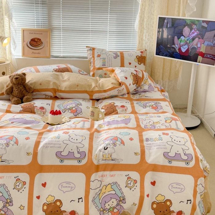 91家纺网 家纺一手货源 找家纺 昔可 2023新款全棉二次元卡通系列四件套 拼接女孩和熊