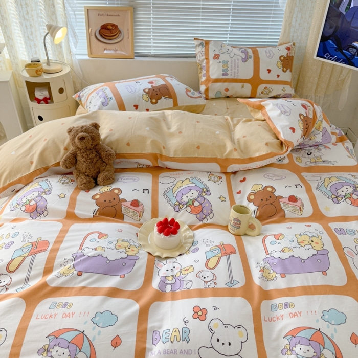 91家纺网 家纺一手货源 找家纺 昔可 2023新款全棉二次元卡通系列四件套 拼接女孩和熊