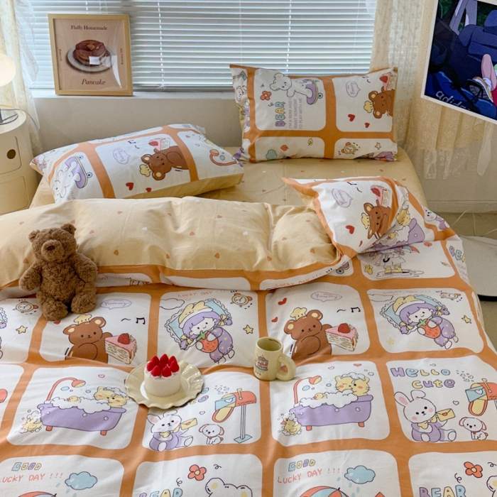 91家纺网 家纺一手货源 找家纺 昔可 2023新款全棉二次元卡通系列四件套 拼接女孩和熊