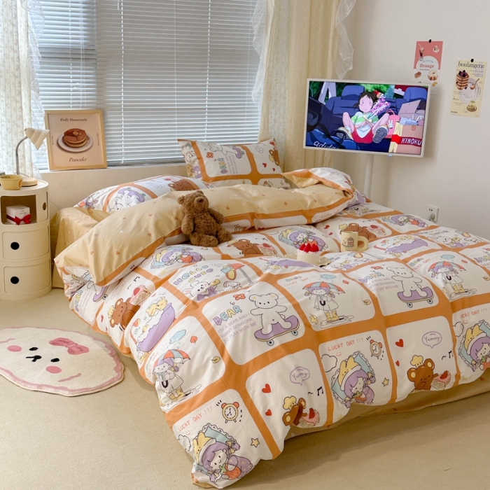 91家纺网 家纺一手货源 找家纺 昔可 2023新款全棉二次元卡通系列四件套 拼接女孩和熊