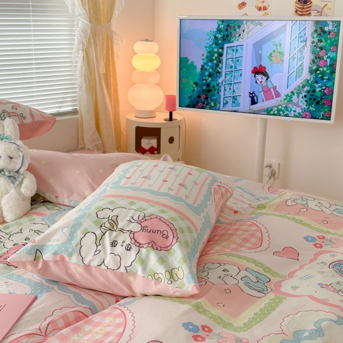 91家纺网 家纺一手货源 找家纺 昔可 2023新款全棉二次元卡通系列四件套 拼接泡芙兔小姐