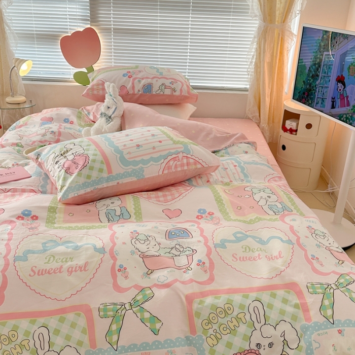 91家纺网 家纺一手货源 找家纺 昔可 2023新款全棉二次元卡通系列四件套 拼接泡芙兔小姐