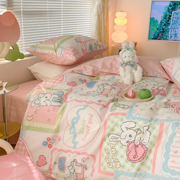 91家纺网 家纺一手货源 找家纺 昔可 2023新款全棉二次元卡通系列四件套 拼接泡芙兔小姐