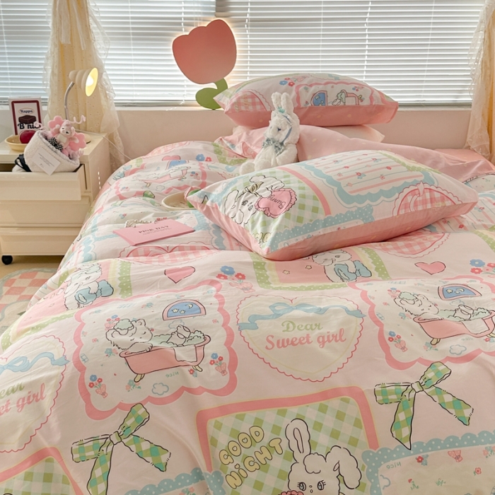 91家纺网 家纺一手货源 找家纺 昔可 2023新款全棉二次元卡通系列四件套 拼接泡芙兔小姐