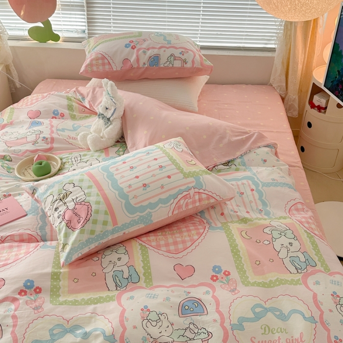 91家纺网 家纺一手货源 找家纺 昔可 2023新款全棉二次元卡通系列四件套 拼接泡芙兔小姐